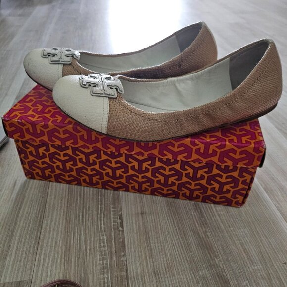 Tory Burch Carita White Natural Beach Woven Straw Leather Ballet Flats Size 8.5 - Picture 2 of 4